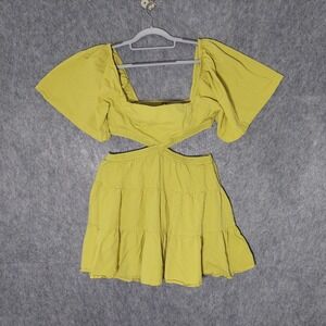 Free People Dress L Linen Cutout Tiered Smocked Yellow Festival Boho Coastal
